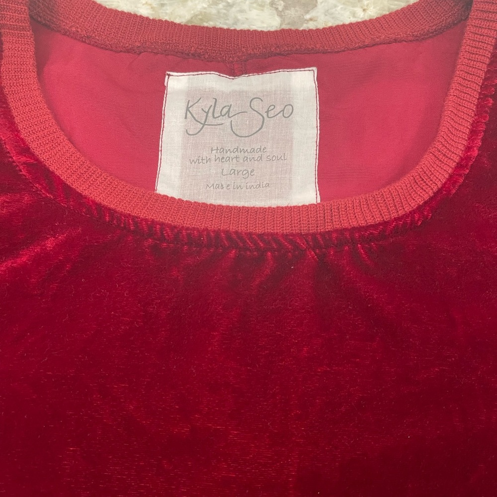 Kyla Seo Red Velvet Top L Short Sleeve Relaxed Fit Boho Handmade Tunic Blouse - Picture 3 of 8